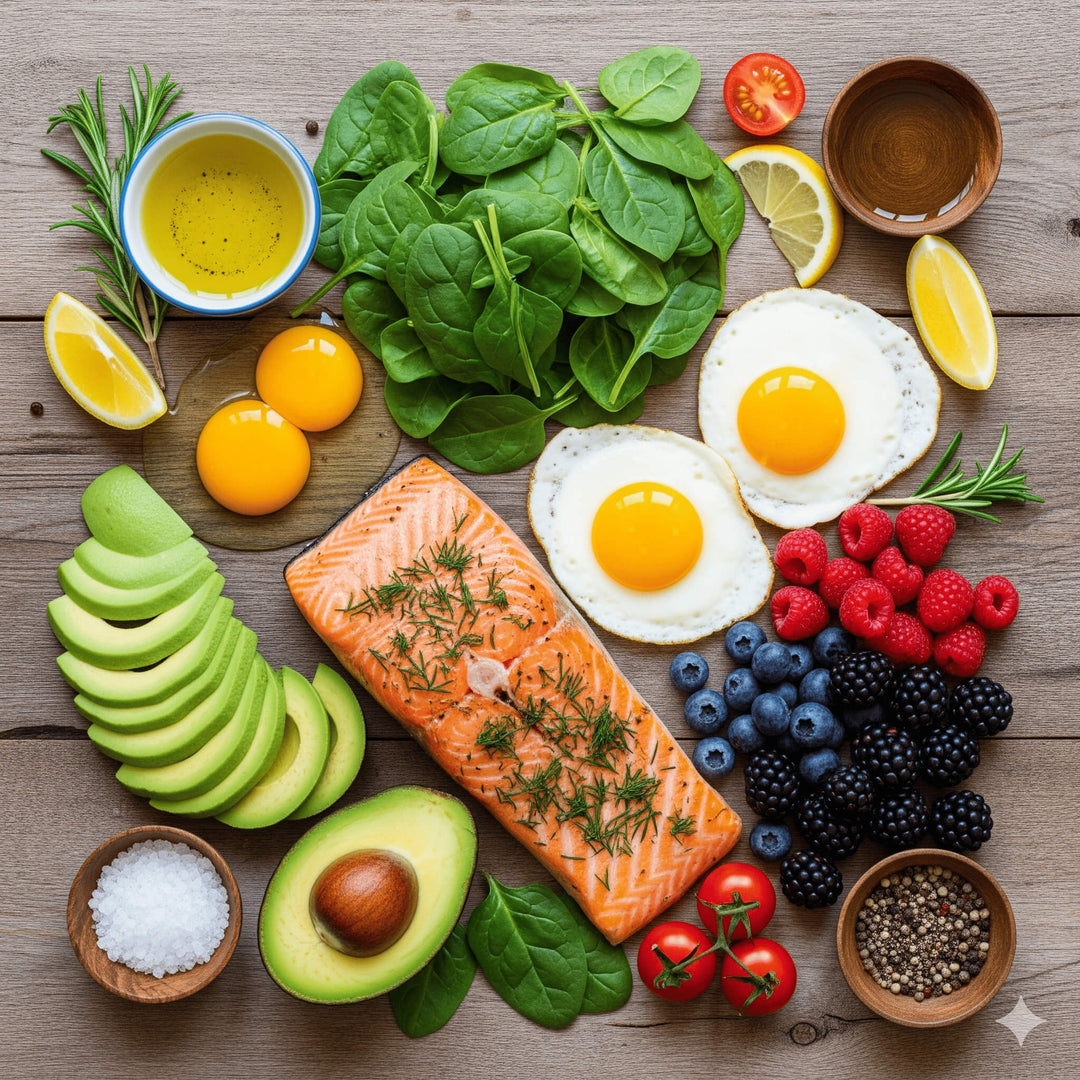 A flat lay of healthy foods including salmon, spinach, eggs, avocado, and berries on a wooden table.