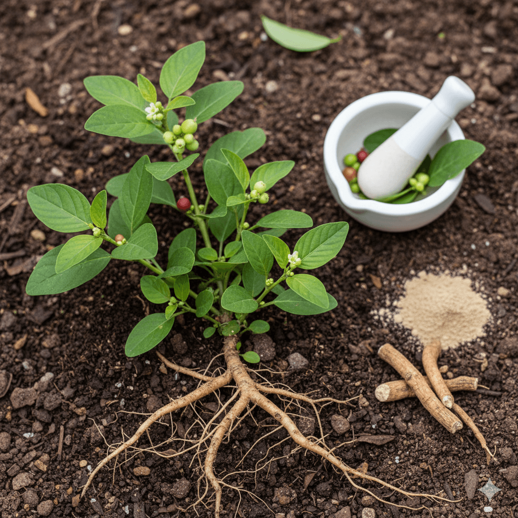 A top-down view of ashwagandha in its various forms: fresh leaves, dried roots, orange berries, and powder in a white bowl.