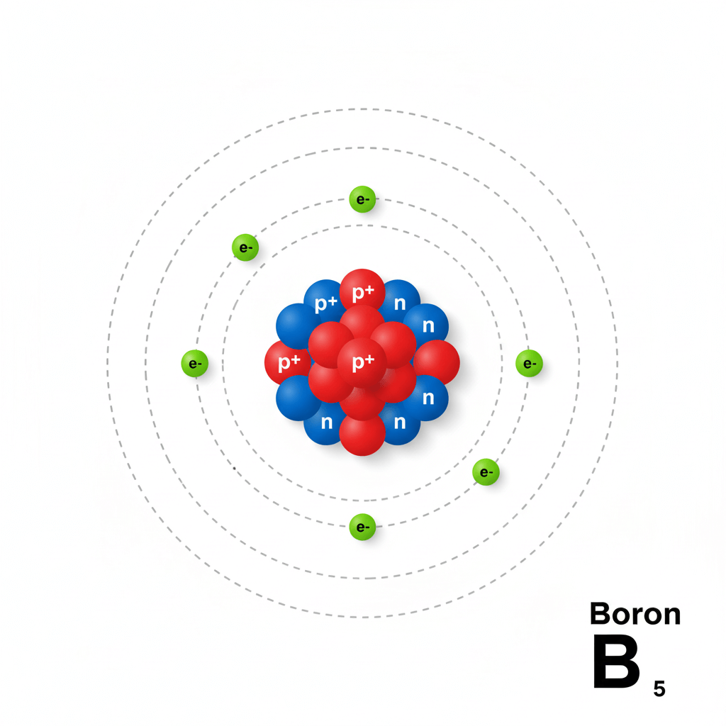 An infographic-style illustration of a Boron atom with its nucleus, protons, neutrons, and orbiting electrons.
