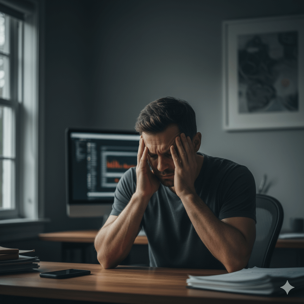 A man experiencing stress, a key factor that can negatively affect a man's testosterone levels and well-being.