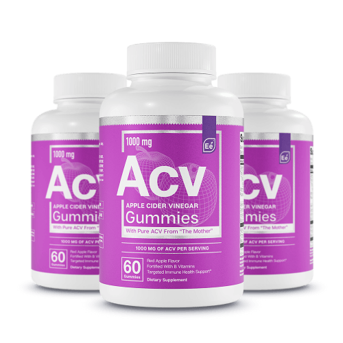 Essential Elements Apple Cider Vinegar Gummies bottles, 1000 mg, 60 count, arranged in a group of three with purple labels
