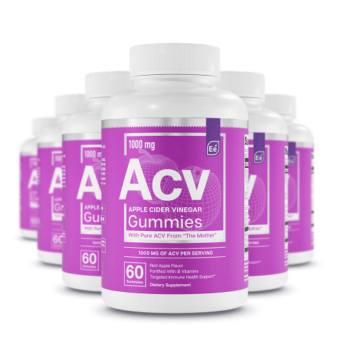 Essential Elements Apple Cider Vinegar Gummies 1000mg bottles arranged in a group display, purple and white labels showing