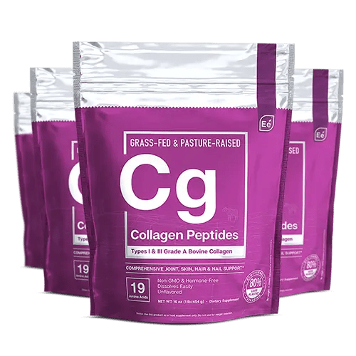 Essential Elements Collagen Peptides in purple pouches, grass-fed & pasture-raised bovine collagen supplement