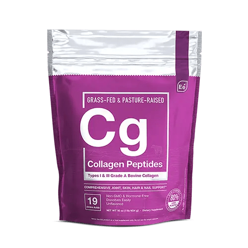 Essential Elements Collagen Peptides powder in purple resealable pouch with grass-fed and pasture-raised claim