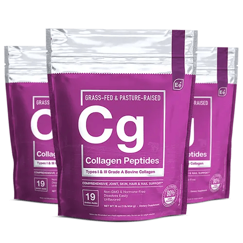 Essential Elements Collagen Peptides grass-fed and pasture-raised powder in purple pouches with white labeling