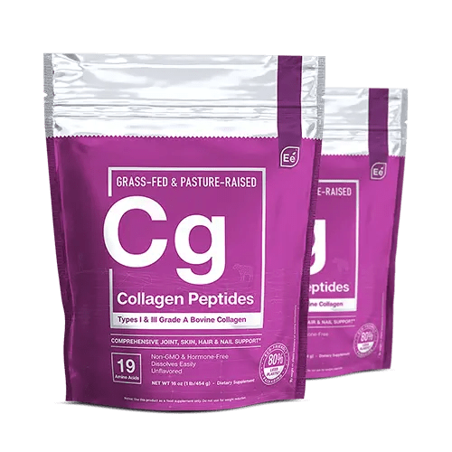 Essential Elements Collagen Peptides powder in purple pouches, grass-fed and pasture-raised, Types I & III Grade A Bovine