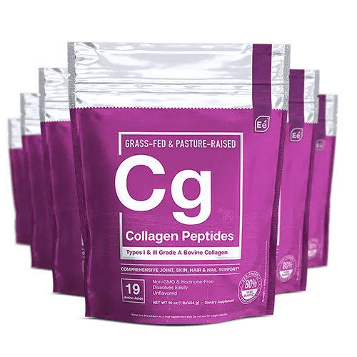 Essential Elements Collagen Peptides in purple pouches, grass-fed and pasture-raised bovine collagen, 19 servings per bag