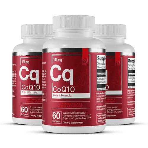 Essential Elements CoQ10 100mg supplement bottles, three red and white containers with white caps displaying potent formula