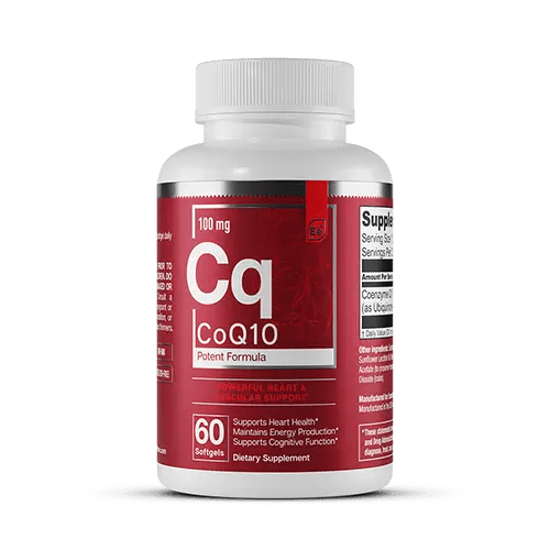 Essential Elements CoQ10 100mg potent formula bottle with 60 softgels, supports heart health and energy production