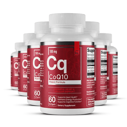 Essential Elements CoQ10 100mg softgel capsules, 60-count bottles arranged in a group display