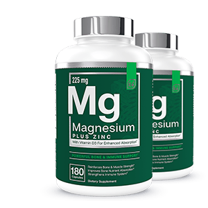 2 Magnesium Plus 725mg supplement bottles with silver caps, green label showing 180 servings per container