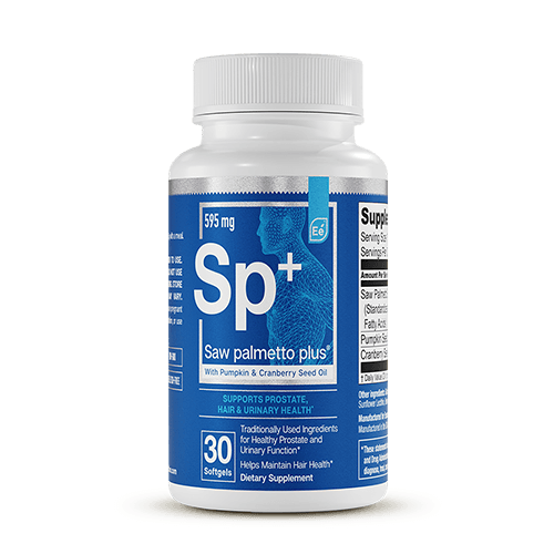 Saw palmetto plus dietary supplement bottle, 595mg, 30 softgels, with blue label showing product information for prostate