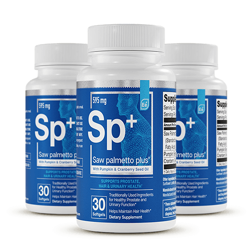 Saw palmetto plus® supplement bottles, three white containers with blue labels showing 595mg dosage and 30 softgels each