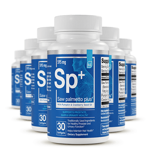 Saw palmetto plus supplement bottles with blue labels arranged in a display group, showing 30 softgels per bottle