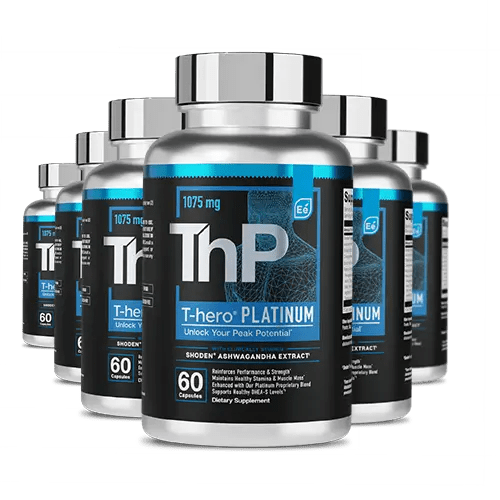 T-hero® Platinum supplement bottles with 1075mg formula, 60 capsules, featuring Shoden® Ashwagandha Extract and silver