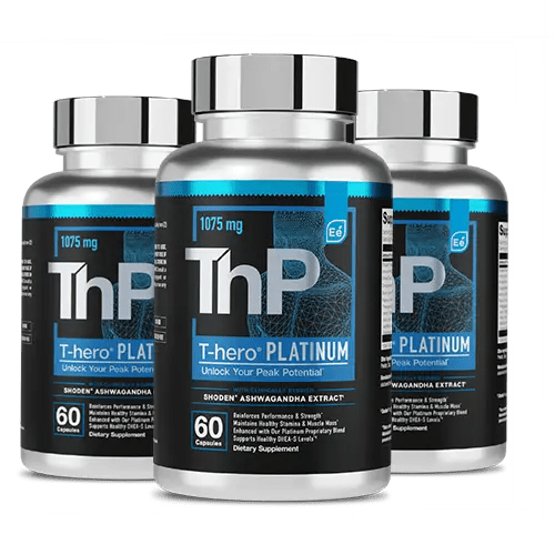 T-hero Platinum 1075 mg supplement bottles with Shoden ashwagandha extract, 60 capsules each, displayed in a trio arrangement