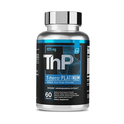 T-hero Platinum bottle, 1075 mg, 60 capsules, silver with a blue label and Shoden ashwagandha extract.