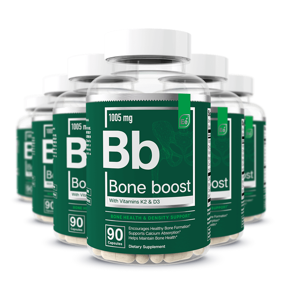 Bone Boost 1005 mg supplement bottles with vitamins K2 and D3, 90 capsules per bottle, for bone health and density support
