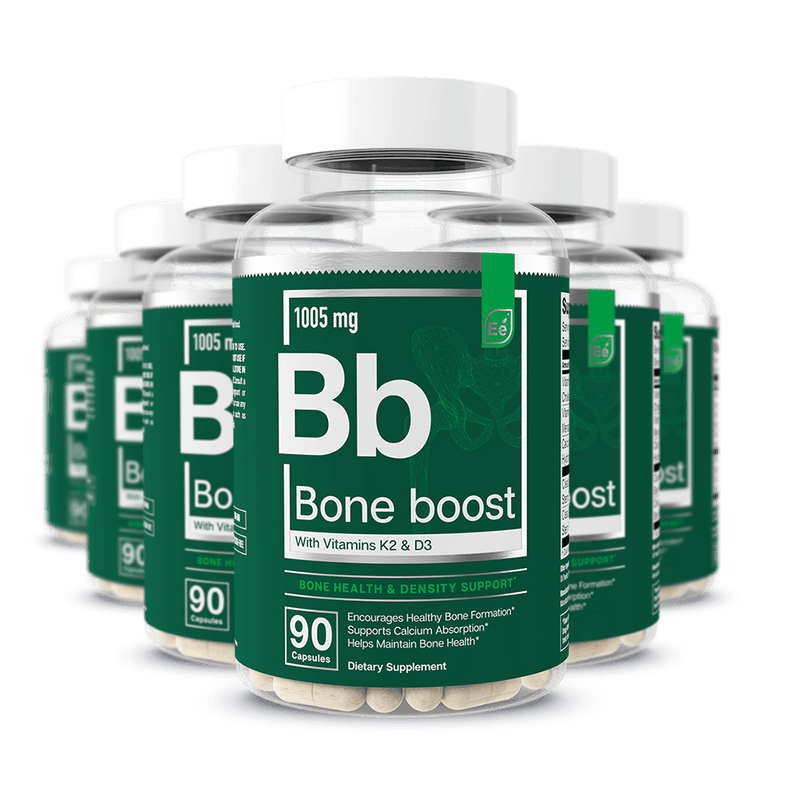 Bone Boost 1005 mg supplement bottles with vitamins K2 and D3, 90 capsules per bottle, for bone health and density support