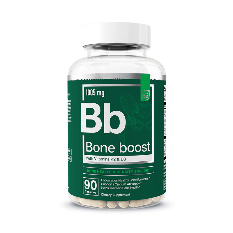 Bone Boost 1005 mg supplement bottle with 90 capsules, featuring vitamins K2 and D3 for bone health support