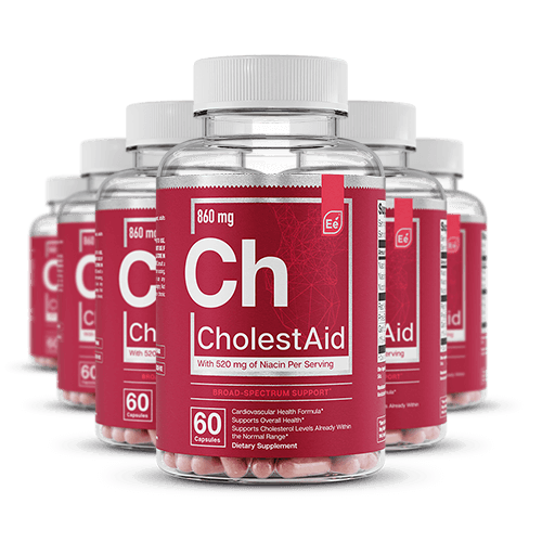 CholestAid supplement bottles arranged in a group display, showing red labels with white text indicating 860 mg dosage and