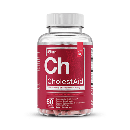 Essential Elements CholestAid bottle, 860 mg with 520 mg niacin per serving, 60 capsules.