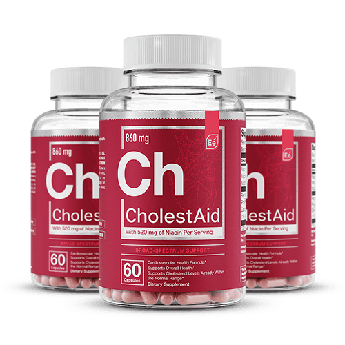 Three bottles of CholestAid 860 mg cholesterol support supplements with white caps and red labels, containing 60 capsules