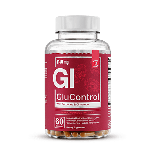 GluControl dietary supplement bottle with 60 capsules, 1140 mg, containing berberine and cinnamon for blood glucose support