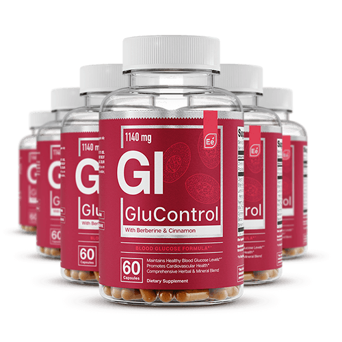 GluControl 1140mg dietary supplement bottles with Berberine and Cinnamon, 60 capsules per bottle, displayed in group