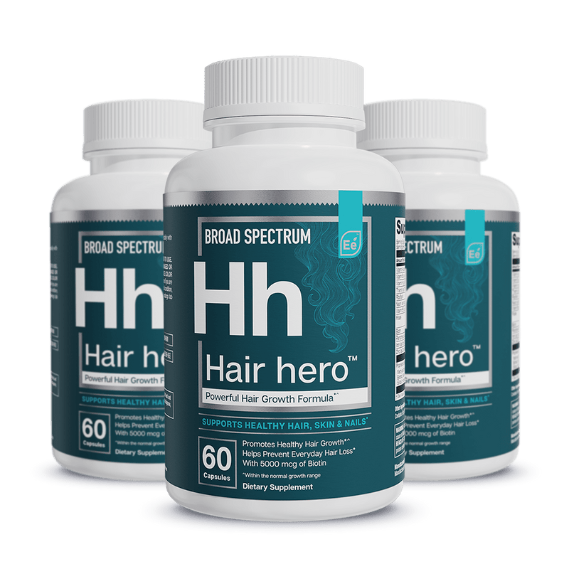 Hair hero Broad Spectrum hair growth formula dietary supplement, 60 capsules per bottle, three bottles shown