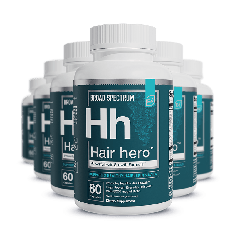 Multiple Hair hero Broad Spectrum dietary supplement bottles with white caps, labeled 