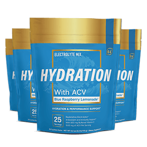 Essential Elements Hydration With ACV Blue Raspberry Lemonade 25-count packet pouch, front view with gold and blue packaging