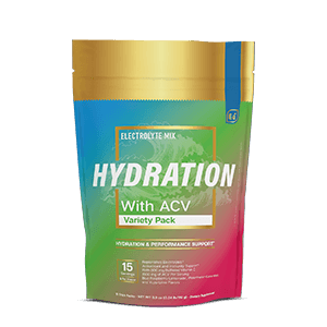 Hydration With ACV Variety 15 Pack pouch with blue, green, and pink gradient design and gold top seal