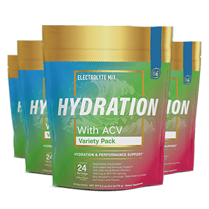 Hydration With ACV Variety 24 Pack pouches arranged in a fan display showing blue, green, and pink gradient packaging