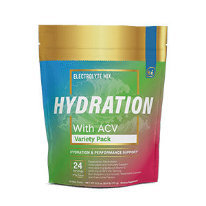 Hydration With ACV Variety 24 Pack pouch with electrolyte mix in blue, green, and pink gradient packaging