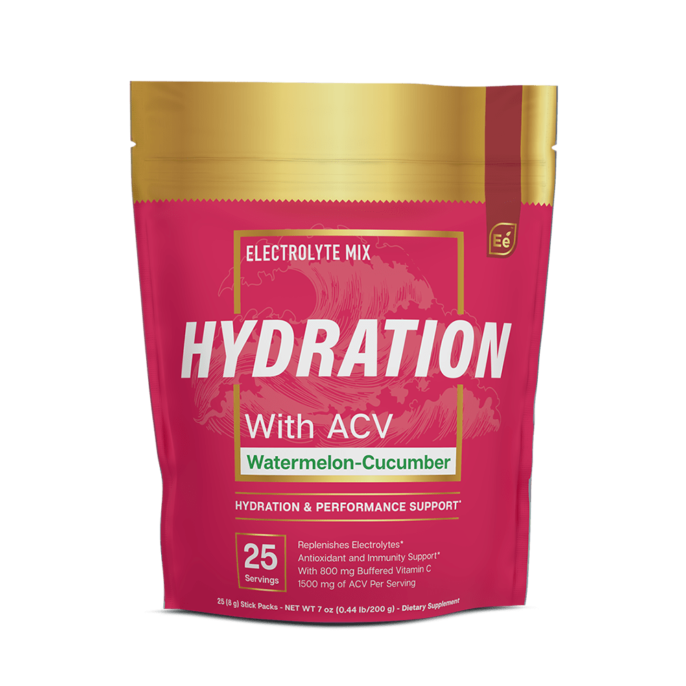 Essential Elements Hydration With ACV Watermelon-Cucumber electrolyte mix, 25 stick packs in pink and gold pouch
