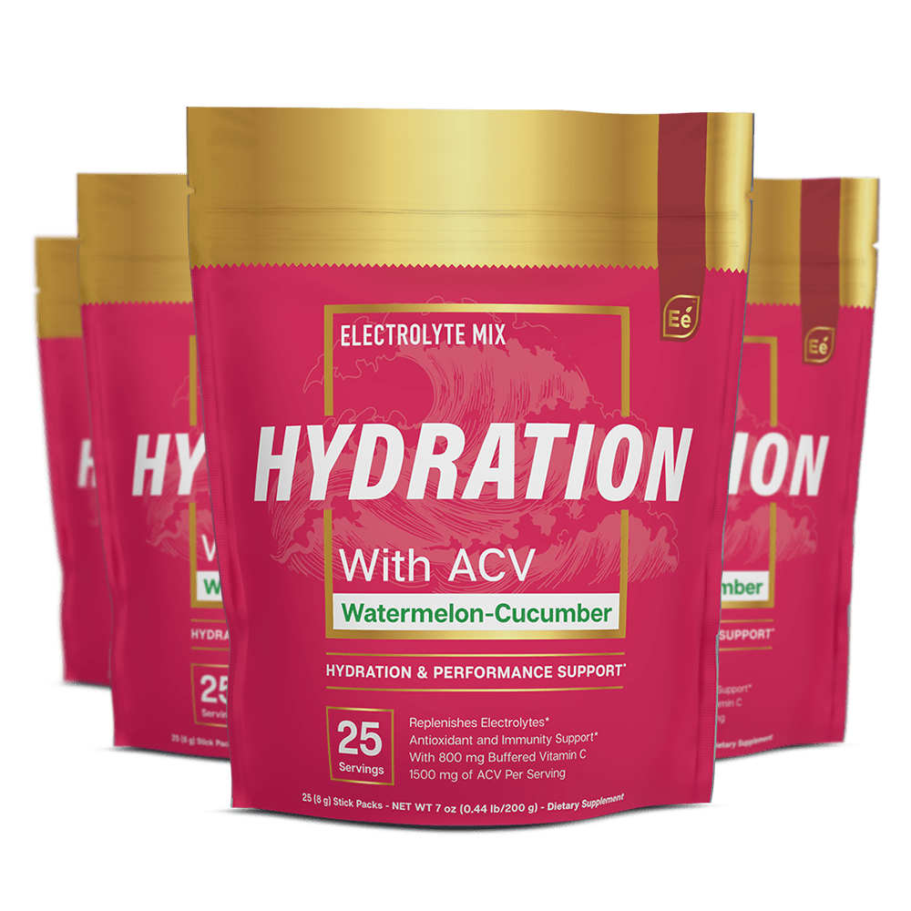 Essential Elements Hydration With ACV Watermelon-Cucumber 25 count stick pack pouch in bright pink and gold packaging