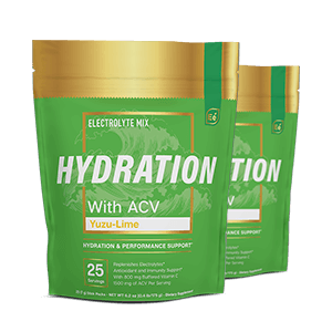 Essential Elements Hydration With ACV Yuzu-Lime electrolyte mix packets in green pouch, 25 count