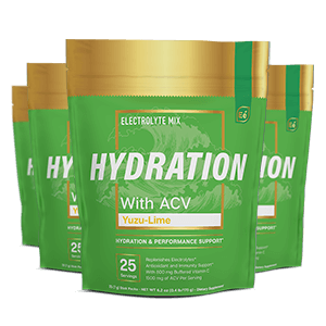 Essential Elements Hydration With ACV Yuzu-Lime electrolyte mix 25-count packets in bright green pouches with gold tops