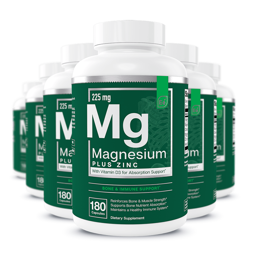 Magnesium Plus Zinc 225mg bottle with Vitamin D3, 180 capsules, for bone and immune support