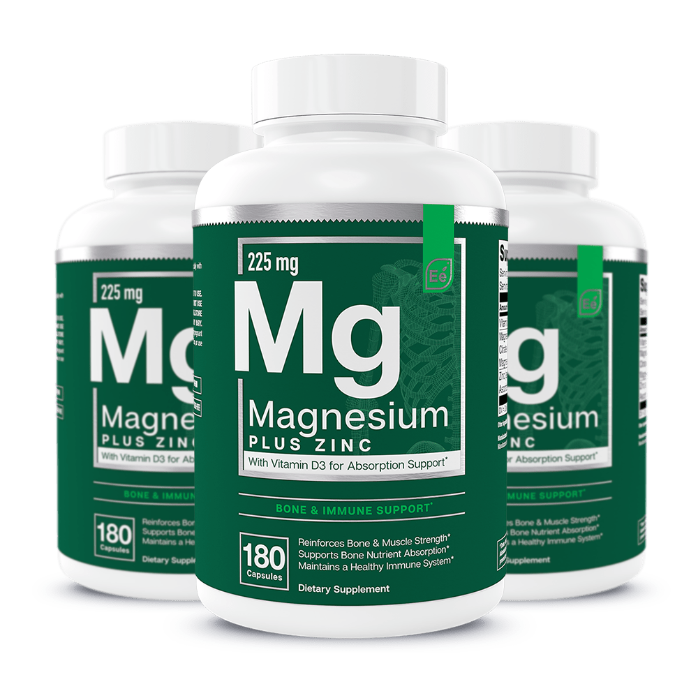 Magnesium Plus 225 mg supplement bottles with green labels, 180 capsules, containing magnesium and zinc with vitamin D3