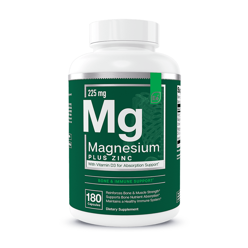 Magnesium Plus 225mg bottle with zinc and vitamin D3, 180 capsules, for bone and immune support