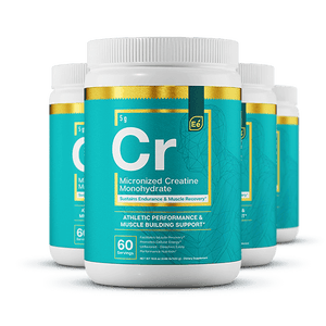 Essential Elements Micronized Creatine Monohydrate powder in turquoise containers with white caps, displaying 60 servings