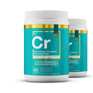 Essential Elements Micronized Creatine Monohydrate powder in turquoise containers with white lids, shown from front and side