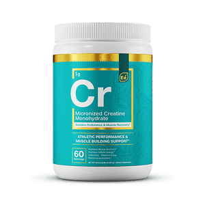 Essential Elements Micronized Creatine Monohydrate powder in turquoise container with white lid, 60 servings