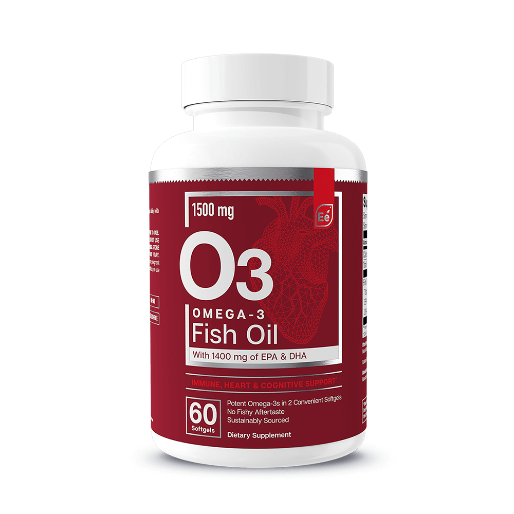 Essential Elements Omega-3 Fish Oil 1500 mg supplement bottle with 60 softgels, white cap and burgundy label