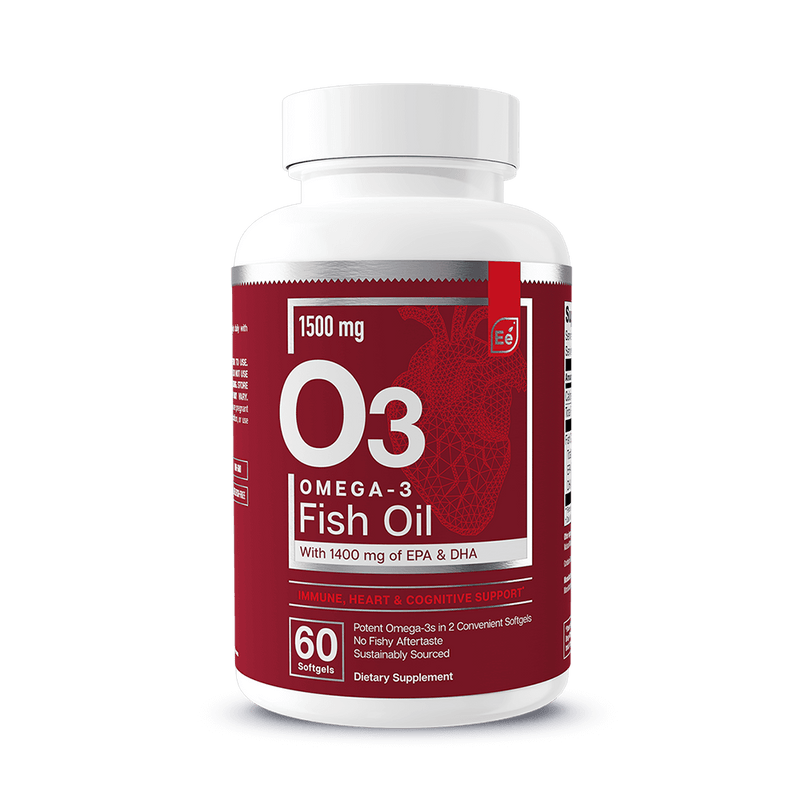 Essential Elements Omega-3 Fish Oil 1500 mg supplement bottle with 60 softgels, white cap and burgundy label