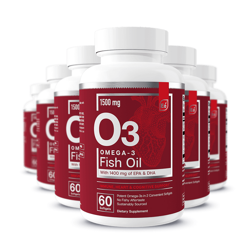 Essential Elements Omega-3 Fish Oil 1500mg softgel bottles with red labels, 60 count per bottle