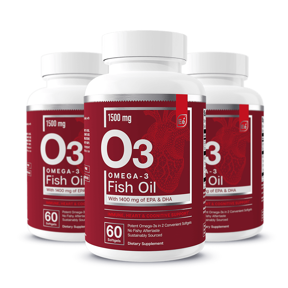 Essential Elements Omega-3 Fish Oil 1500 mg supplement bottles with 60 softgels, containing EPA and DHA for heart and