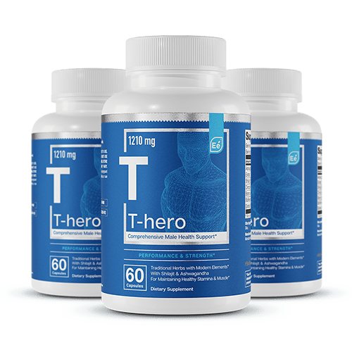 T-hero® 1210 mg dietary supplement bottles with blue labels, three white containers for male health support